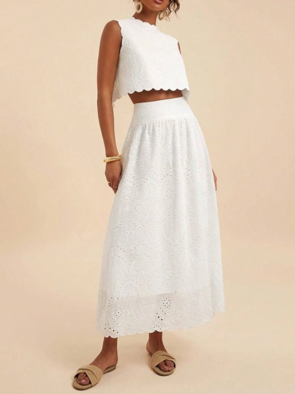 White Eyelet Crop Top & Maxi Skirt Two-Piece Set - Picture 6 of 7